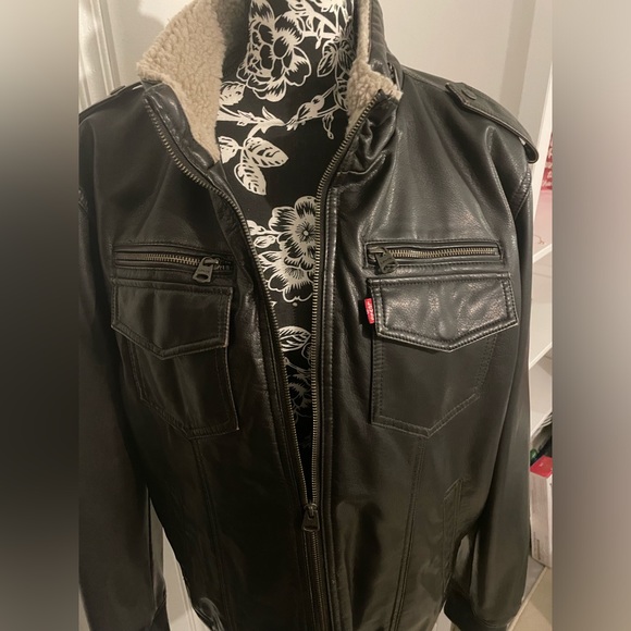 Men's Sherpa Lined Faux Leather Aviator Bomber DARK BROWN SIZE LARGE - Picture 6 of 7